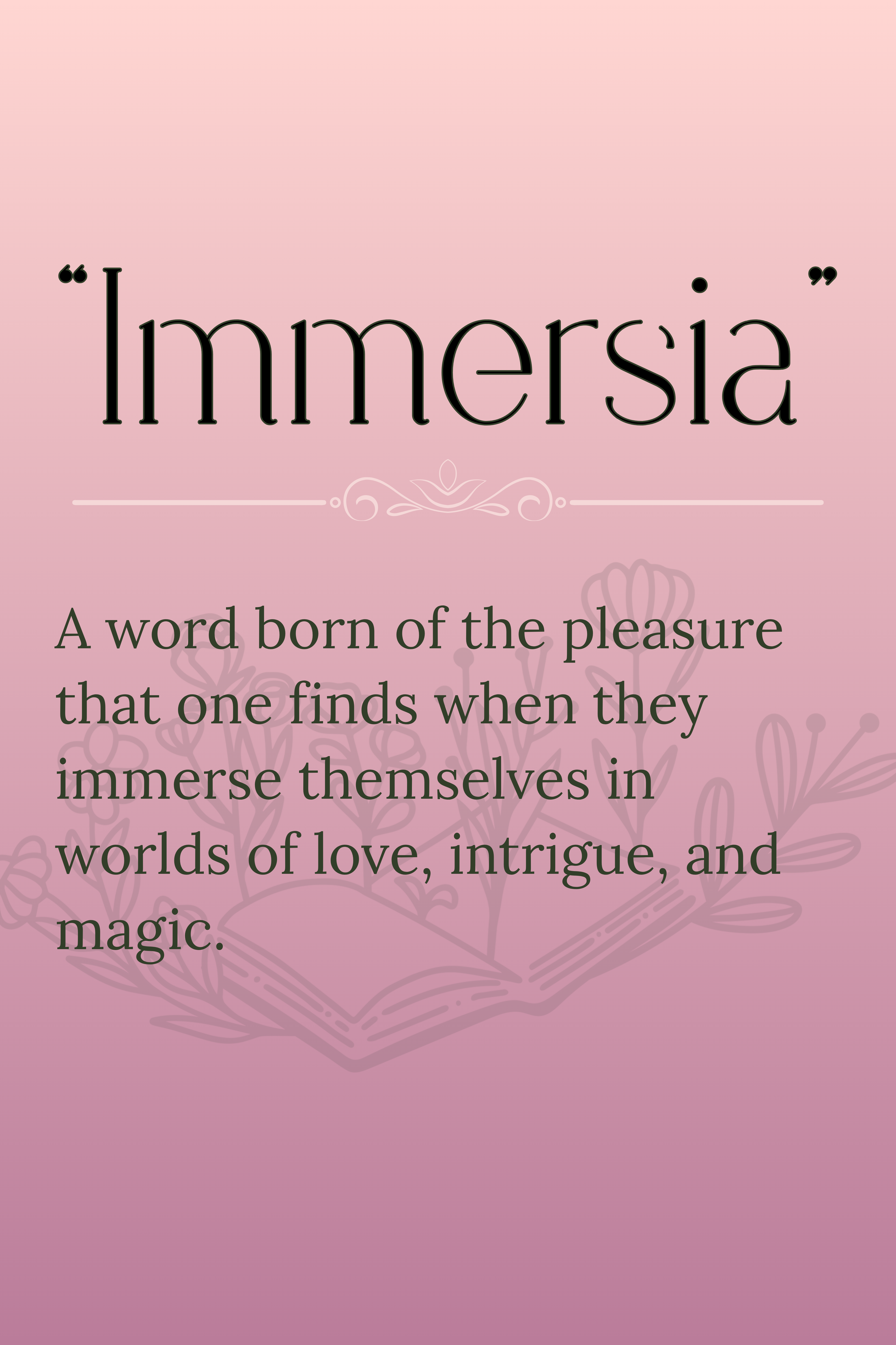 Pink background with text about the word 'Immersia' and an open book illustration.