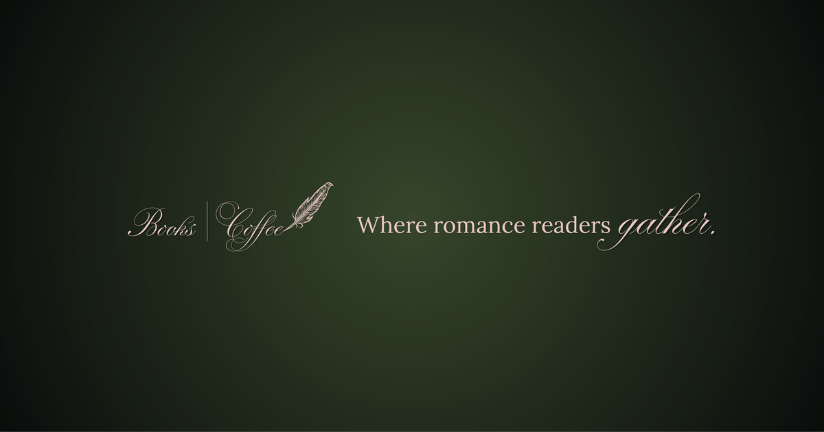 A dark green square graphic with centered white script text reading 'Books Coffee' and 'Where romance readers gather.' alongside a small feather icon.